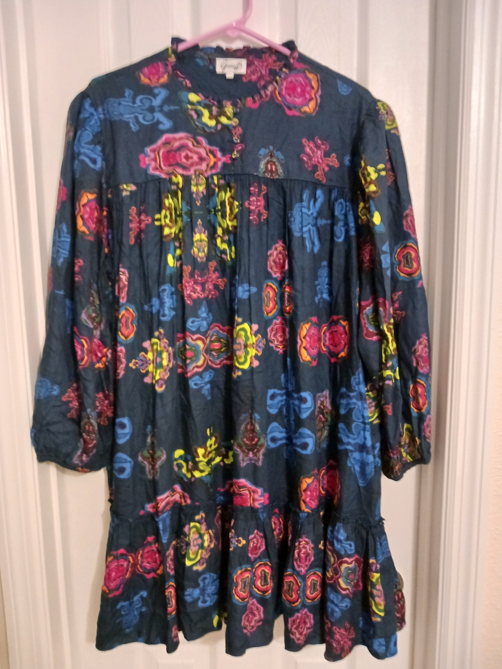 Garrie B Woman's Large Navy Print Tiered Mini Dress Anthropologie Cottagecore